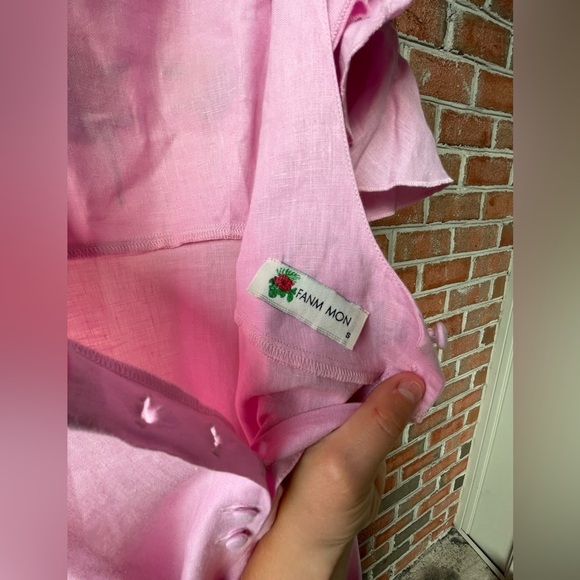 NWOT Fanm Mon Aster Pink Demre Linen Embroidered Maxi Dress Ruffle Sleeve SIZE S - Picture 7 of 9
